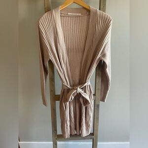 Yaya Ribbed Open-Front Tie-Waist wool blend Cardigan in Dusty Rose small